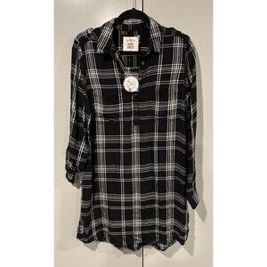 SO Shirt Dress Womens Large Plaid Black White Long Sleeve Button Up NWT